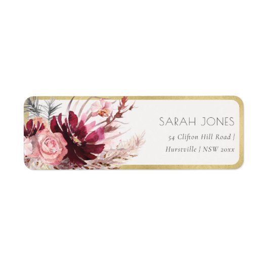 Burgundy Blush Floral Pampas Grass Adres Label (Voorkant)