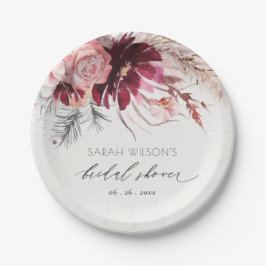 Burgundy Blush Floral Pampas Grass Vrijgezellenfee Papieren Bordje