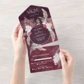 Burgundy Blush Floral Pampas Grass Wedding All In One Uitnodiging (Afscheurbaar)