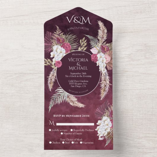 Burgundy Blush Floral Pampas Grass Wedding All In One Uitnodiging (Binnen)