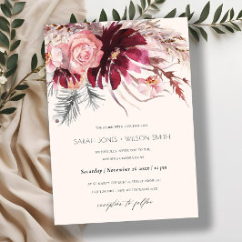 Burgundy Blush Floral Pampas Grass Wedding Invite Bedankkaart