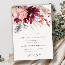Burgundy Blush Floral Pampas Grass Wedding Invite Bedankkaart