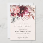 Burgundy Blush Floral Pampas Grass Wedding Invite Bedankkaart (Voorkant)