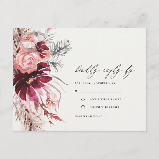 Burgundy Blush Floral Pampas Grass Wedding RSVP En Informatiekaartje (Voorkant)
