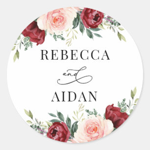 Burgundy Blush Floral Personalized Wedding Classic Ronde Sticker