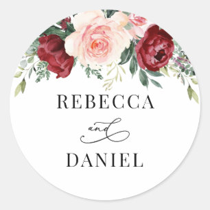 Burgundy Blush Floral Personalized Wedding Ronde Sticker