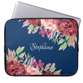 Burgundy Blush Floral Persoonlijke naam Navy Blue Laptop Sleeve