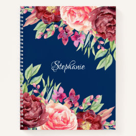 Burgundy Blush Floral Persoonlijke naam Navy Blue Notitieboek