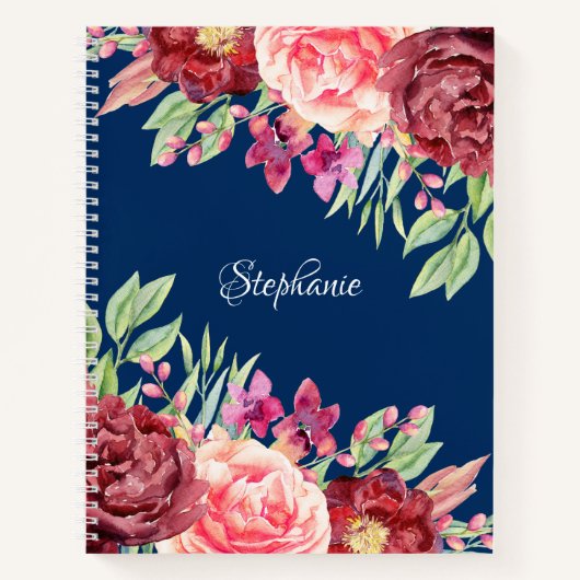 Burgundy Blush Floral Persoonlijke naam Navy Blue Notitieboek (Voorkant)