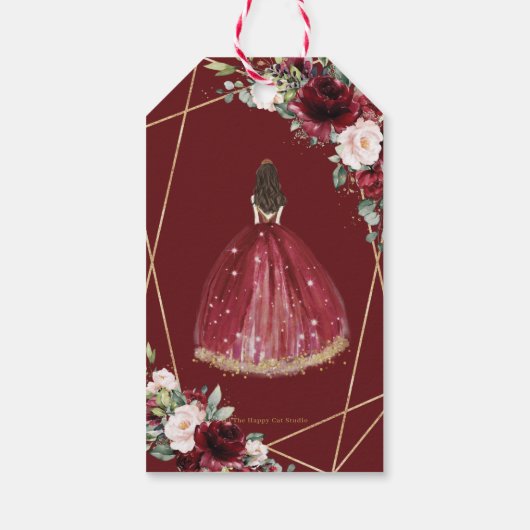 Burgundy Blush Floral Princess Crown Quinceanera Cadeaulabel (Achterkant)