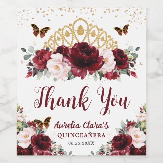 Burgundy Blush Floral Princess Crown Quinceañera Wijn Etiket (Enkel label)