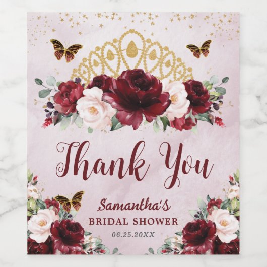 Burgundy Blush Floral Princess Crown Vrijgezellenf Wijn Etiket (Enkel label)