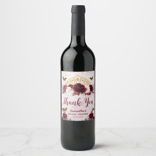 Burgundy Blush Floral Princess Crown Vrijgezellenf Wijn Etiket (Voorkant)