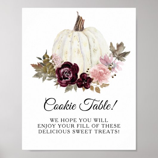 Burgundy Blush Floral Pumpkin Cookie Table Sign Poster (Voorkant)