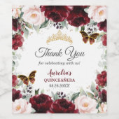 Burgundy Blush Floral Quinceañera Butterflies Gold Wijn Etiket (Enkel label)