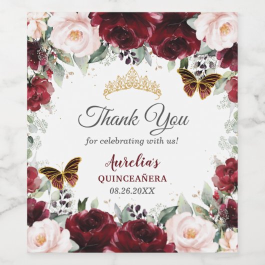 Burgundy Blush Floral Quinceañera Butterflies Gold Wijn Etiket (Enkel label)