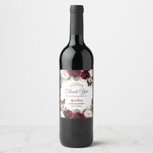 Burgundy Blush Floral Quinceañera Butterflies Gold Wijn Etiket (Voorkant)