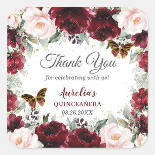 Burgundy Blush Floral Quinceañera Butterflies Vierkante Sticker