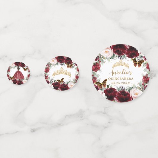 Burgundy Blush Floral Quinceañera Crown Butterfly Confetti (Voorkanten)