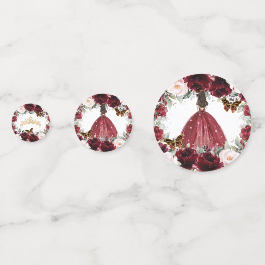 Burgundy Blush Floral Quinceañera Crown Butterfly Confetti (Achterkanten)