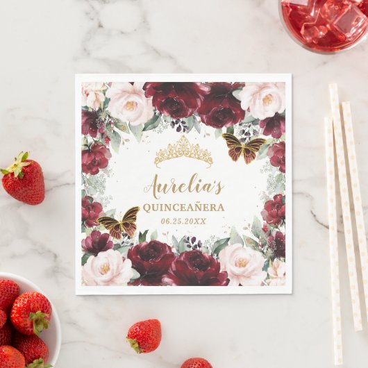 Burgundy Blush Floral Quinceañera Crown Butterfly Servet (Insitu)