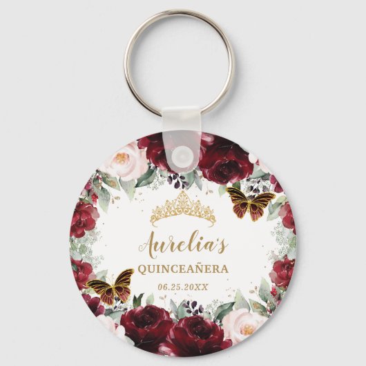 Burgundy Blush Floral Quinceañera Crown Butterfly Sleutelhanger (Voorkant)