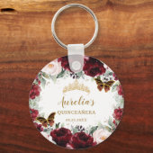 Burgundy Blush Floral Quinceañera Crown Butterfly Sleutelhanger (Voorkant)