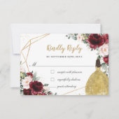 Burgundy Blush Floral Quinceañera Gold Princess RSVP Kaartje (Voorkant)