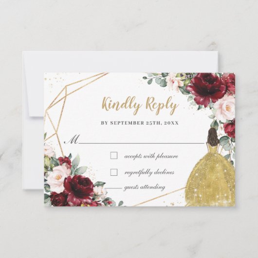 Burgundy Blush Floral Quinceañera Gold Princess RSVP Kaartje (Voorkant)