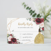 Burgundy Blush Floral Quinceañera Gold Princess RSVP Kaartje (Staand voorkant)