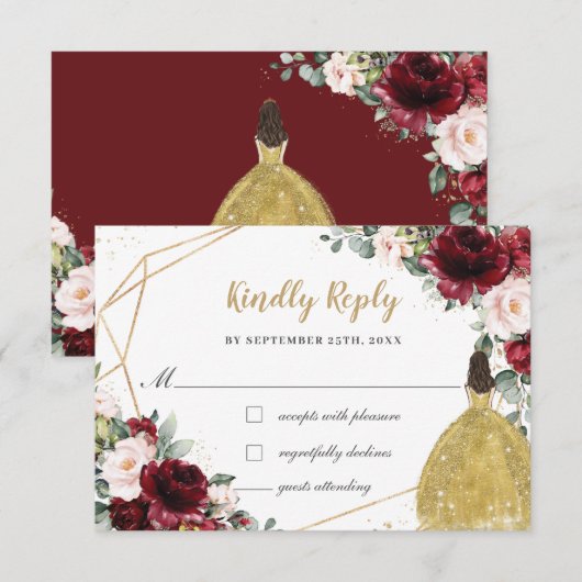 Burgundy Blush Floral Quinceañera Gold Princess RSVP Kaartje (Voorkant / Achterkant)
