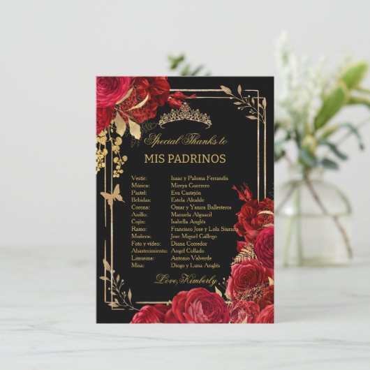 Burgundy Blush Floral QUINCEAÑERA Padrinos Card Kaart (Staand voorkant)