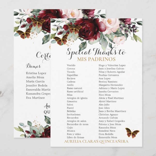 Burgundy Blush Floral QUINCEAÑERA Padrinos Kaart (Voorkant / Achterkant)
