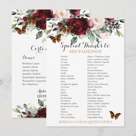 Burgundy Blush Floral QUINCEAÑERA Padrinos Kaart (Voorkant / Achterkant)