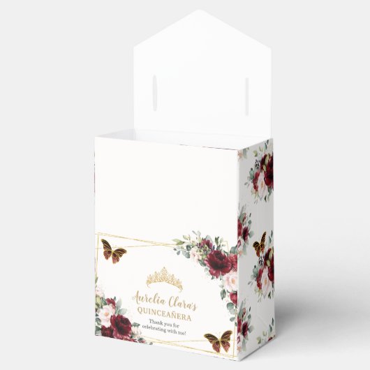 Burgundy Blush Floral Quinceañera Tiara Butterfly Bedankdoosjes (Geopend)