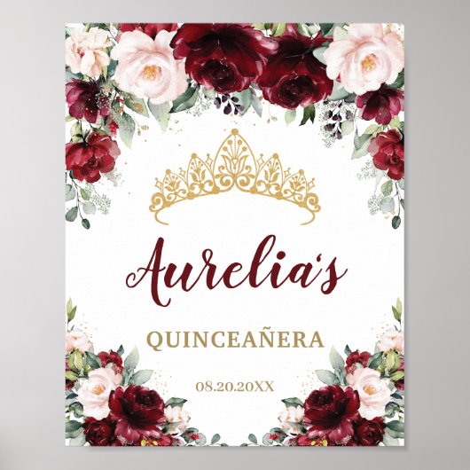 Burgundy Blush Floral Quinceañera Tiara Welkom Poster (Voorkant)