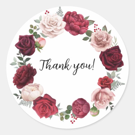 Burgundy Blush Floral Round Dank u Stickers (Voorkant)