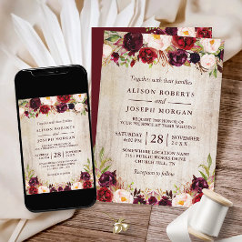Burgundy Blush Floral Rustic Barn Wood Weddenschap Kaart