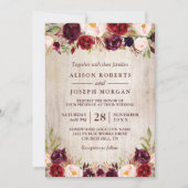 Burgundy Blush Floral Rustic Barn Wood Weddenschap Kaart (Voorkant)