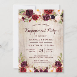Burgundy Blush Floral Rustic Wood Engagement Party Kaart