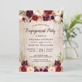 Burgundy Blush Floral Rustic Wood Engagement Party Kaart (Staand voorkant)