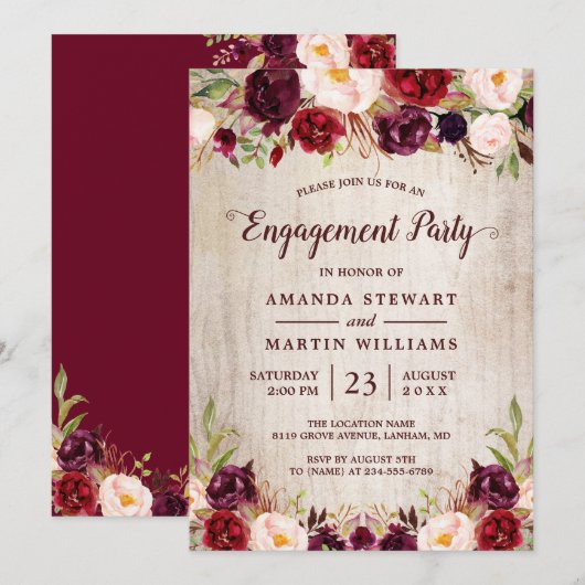 Burgundy Blush Floral Rustic Wood Engagement Party Kaart (Voorkant / Achterkant)