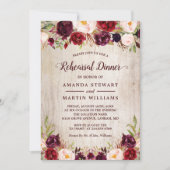 Burgundy Blush Floral Rustic Wood Rehearsal Dinner Kaart (Voorkant)