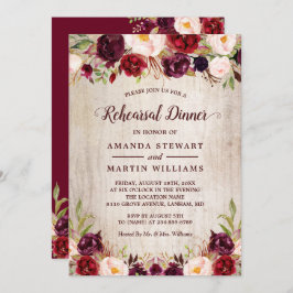 Burgundy Blush Floral Rustic Wood Rehearsal Dinner Kaart