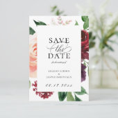 Burgundy Blush Floral Save the Date Aankondiging (Staand voorkant)