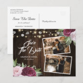 Burgundy Blush Floral Save the Date Photo Briefkaa Aankondigingskaart (Voorkant / Achterkant)