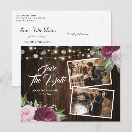 Burgundy Blush Floral Save the Date Photo Briefkaa Aankondigingskaart (Voorkant / Achterkant)