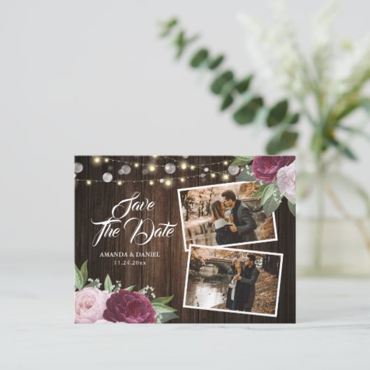 Burgundy Blush Floral Save the Date Photo Briefkaa Aankondigingskaart (Staand voorkant)