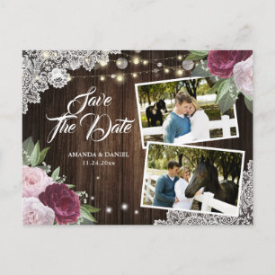 Burgundy Blush Floral Save the Date Photo Briefkaa Aankondigingskaart