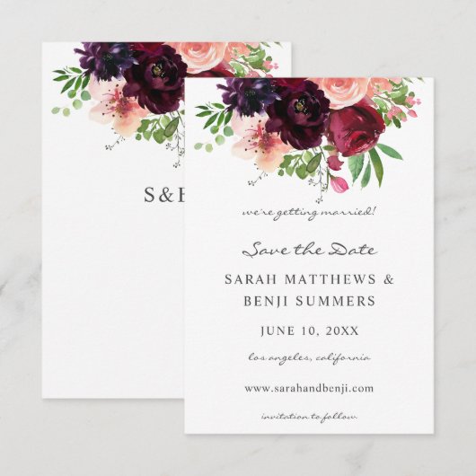 Burgundy & Blush Floral Save the Date V2 (Voorkant / Achterkant)